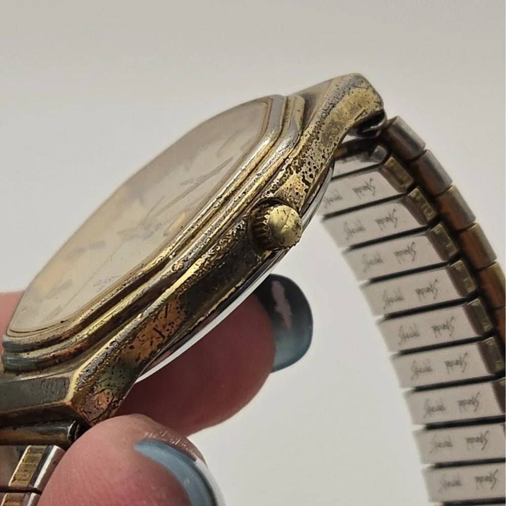 Helbros 87161/2 Quartz Day/Date Octagon Two Tone,Stretch Band Mens Watch. *READ*